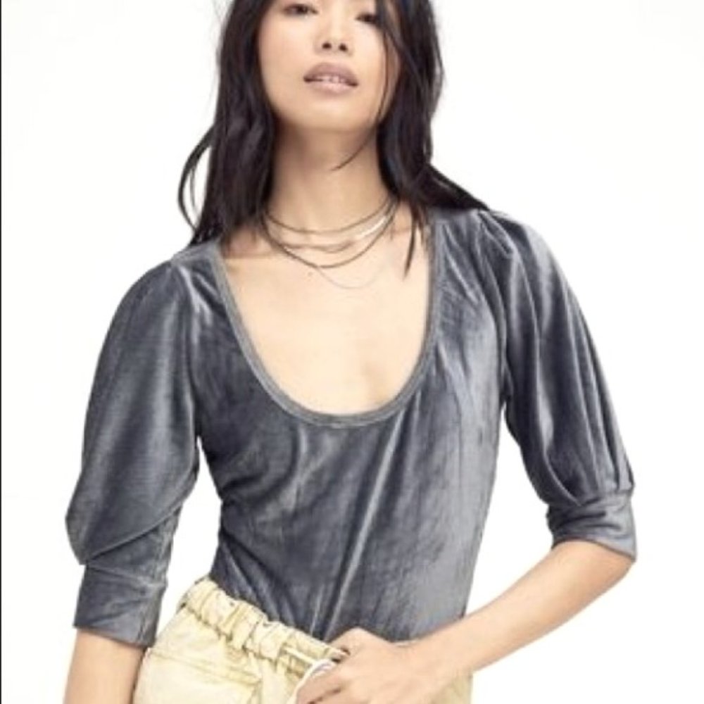 FP velvet gray puff sleeve bodysuit XS NWT